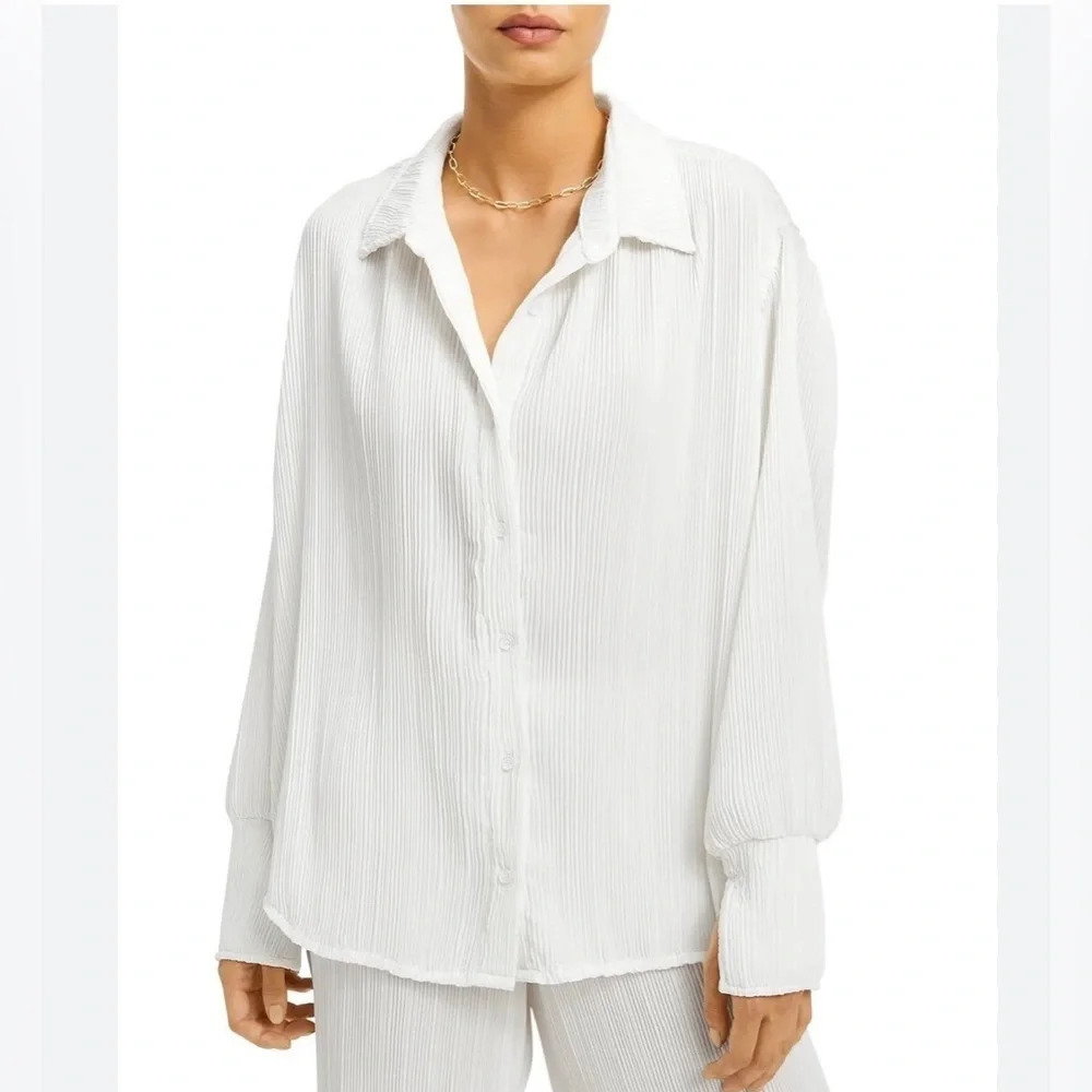 Good American White Textured Button-Up Blouse